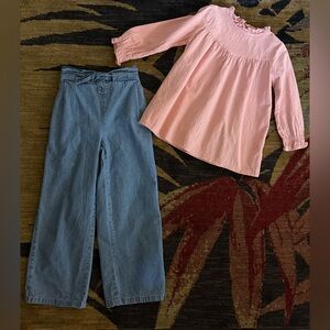 Little Girls 8 M wide leg jeans blue denim trousers peach pink ruffle blouse Set